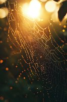 Delicate spider web covered in morning dew drops glows in golden sunrise light creating magical bokeh effect against dark forest background.