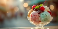 Colorful ice cream sundae with fresh berries and mint in crystal glass bowl against soft bokeh background for summer dessert menu.