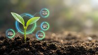 Young green plant seedling growing from rich soil with digital technology icons showing growth metrics and data visualization for sustainable agriculture.