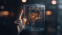 Futuristic holographic cube with glowing particles and human hand reaching to touch, on dark background with bokeh lights creating magical atmosphere.