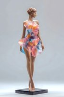 Elegant mannequin wearing abstract floral-inspired dress with translucent pink and blue petals against neutral background, perfect for fashion design concepts.