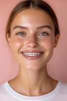 Young Caucasian woman with metal braces smiling confidently against pink background, showing natural freckles and bright blue eyes, wearing white top.