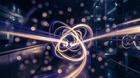 Glowing atomic orbit energy trails swirl in a dark futuristic data center, representing quantum physics, technology, and digital innovation.