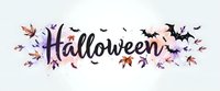 Watercolor Halloween lettering with flying bats and autumn maple leaves in purple and orange tones on white background, ready for seasonal design projects.