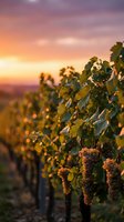 Ripe grape clusters hang from vineyard vines at golden sunset, with rolling hills and warm sky in background. Perfect for wine, agriculture, harvest, and countryside themes.