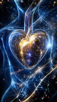 Glowing heart shape formed by luminous energy streams and light particles against dark cosmic background with blue and gold ethereal connections and starry elements.