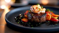 Grilled beef tenderloin topped with jumbo shrimp, garnished with fresh herbs and roasted vegetables on dark plate with atmospheric lighting and bokeh effect.