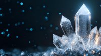 Luminous quartz crystal cluster formation with glowing blue particles on dark background, magical mineral structure with transparent facets and ethereal light effects.