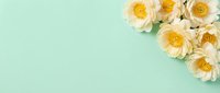 Delicate cream peony flowers arranged in corner on soft mint green background with copy space for text or greeting card design.