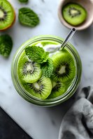 Fresh green smoothie with sliced kiwi fruit and mint leaves in glass jar on marble background, top view. Healthy breakfast or detox drink.