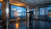Professional businessman presenting financial data analytics on large interactive display screen in modern corporate office boardroom at evening.