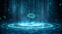 Glowing digital brain floating above luminous circular waves with falling light particles in dark blue space, representing artificial intelligence and neural networks.