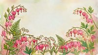 Watercolor floral border with pink bleeding heart flowers and ferns on soft pastel background, copy space for greeting cards and invitations.