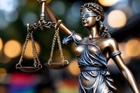 Bronze statue of Lady Justice holding scales against blurred bokeh background, symbolizing law, justice and legal system. Dramatic lighting highlights metallic details.