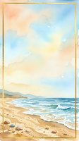 Serene coastal landscape with sandy beach, rolling waves, seashells, and pebbles under soft sky with golden frame border for wall art.
