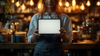 Young female server in denim apron holding blank digital tablet screen in dimly lit restaurant with warm bokeh lights and cozy atmosphere in background.