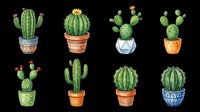 Watercolor potted cactus set with eight colorful succulents in decorative pots, isolated on transparent background, ready for stickers, t-shirt design, and print on demand.