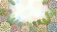 Watercolor succulent plants and flowering cacti arranged in corners on isolated white background, suitable for invitations, greeting cards, and design projects.
