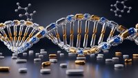 DNA double helix structure with molecular compounds and pharmaceutical capsules for genetic research and drug development applications.