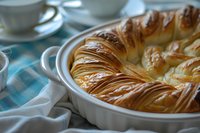 Golden braided pastry ring in white ceramic baking dish on blue checkered tablecloth with coffee cups, fresh baked homemade bread for breakfast or brunch.