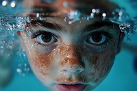 Close up portrait of young person with freckles partially submerged in blue water, showing eyes and nose above surface with water droplets and ripples creating dreamy effect.