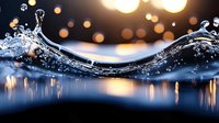 Dynamic water splash creating symmetrical arc shape with bokeh lights in background, frozen motion photography capturing liquid movement and reflection on dark surface.