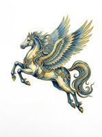 Ornate winged horse with blue and gold decorative details, isolated on transparent background. Ready for t-shirts, clipart, stickers, sublimation, and print-on-demand designs.