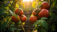 Fresh ripe red tomatoes growing on vine in organic garden with warm golden sunlight creating natural bokeh effect during harvest season.