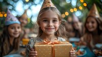 Young girl with bright smile holding polka dot wrapped present at birthday celebration with party guests and festive bokeh lights in background.