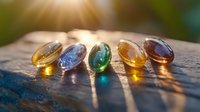 Colorful healing crystals and gemstones lined up on wooden surface in sunlight with magical rays and shadows creating mystical atmosphere for wellness and meditation.