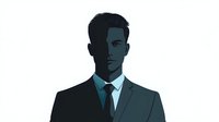 Minimalist silhouette of young businessman in suit and tie against white background, half face in shadow creating dramatic contrast. Professional portrait for business concepts.