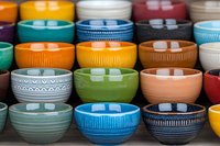 Colorful ceramic bowls arranged in rows showcasing various glazes and patterns, featuring textured designs and vibrant hues from turquoise to orange and green.