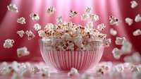 Fresh popped popcorn kernels flying from glass bowl against pink background for snack food advertising and entertainment marketing campaigns.