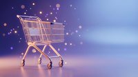 Golden shopping cart on purple gradient background with bokeh lights for retail and e-commerce concepts.