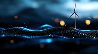 Wind turbine silhouette against dark sky with glowing blue particle wave animation, bokeh lights and digital technology visualization representing clean energy.