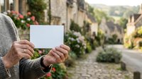 Person holding blank white card in front of charming stone village street with flowering vines and historic architecture, suitable for greeting cards and travel promotions.