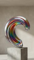Iridescent curved glass sculpture with rainbow light refraction mounted on concrete pedestal, contemporary art installation for galleries and modern interior design.