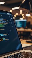 Laptop displaying colorful programming code on screen in modern office workspace with warm bokeh lights creating professional developer environment.
