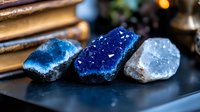 Blue gemstones collection featuring lapis lazuli, sodalite and celestite crystals arranged on dark surface for jewelry making, healing practices and decoration.