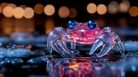 Glass crab figurine with pink and blue hues reflecting in water droplets against blurred bokeh lights background, creating magical artistic composition.
