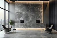 Luxurious hotel reception with dark marble wall, backlit accent lighting, and minimalist design featuring modern seating area and city skyline view.