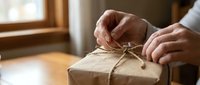 Senior hands wrapping kraft paper gift box with twine string indoors, expressing care and thoughtfulness in present preparation for holidays or special occasions.
