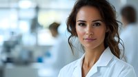 Young Hispanic female medical professional in white lab coat with confident expression against blurred hospital or laboratory background, wellness and healthcare concept.