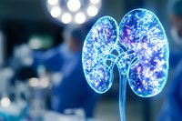 Glowing digital kidney visualization in blue and purple colors with medical operating room background showing modern healthcare technology advancement.