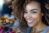 Happy young African American woman smiling while enjoying healthy breakfast bowl with fresh berries, nuts and granola in bright kitchen setting.