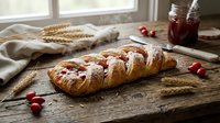 Freshly baked braided bread with cherry jam filling on rustic wooden table with wheat stalks and cranberries for homemade bakery and comfort food concepts.