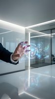 Businessman in dark suit interacting with holographic data visualization displaying financial charts, graphs, and digital analytics in modern office environment with glass walls.