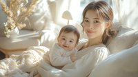 Young Asian mother holding smiling baby in white casual clothing, sitting on couch in sunlit living room with dried flowers decoration, natural morning light atmosphere.