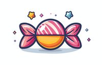 Striped pink and orange wrapped candy with decorative stars around it on white background, cartoon style illustration for confectionery designs and sweet treats.