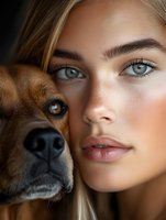 Close-up portrait of young Caucasian woman with natural makeup and green eyes posing with brown dog, showing emotional connection between human and pet.